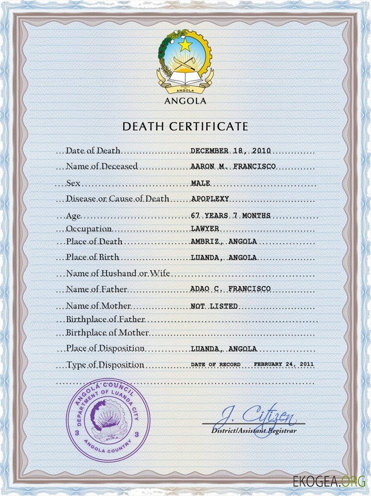 Modèle PSD de certificat de décès de l'état civil de l'Angola